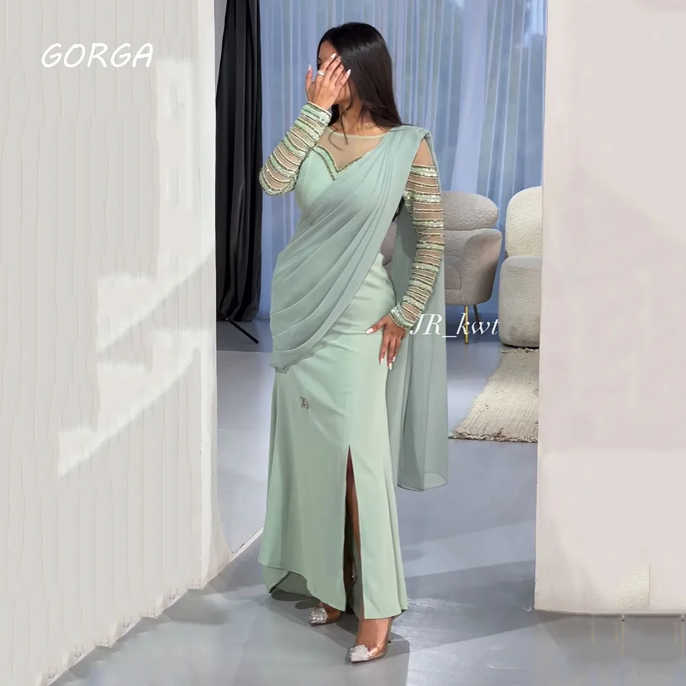 

GORGA O-Neck Beading Crepe Mermaid Evening Dresses Saudi Arabia Lace Long Sleeves Formal Occasion Dress Floor-Length Party Gown