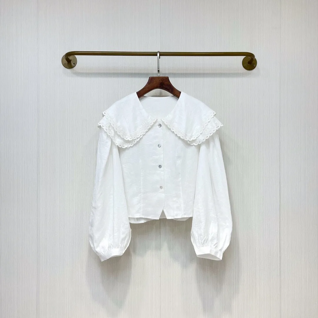 

2024 Spring/Summer New Women's Wear Elegant Linen Hollow-out Lace Lapel Shirt Top 0409