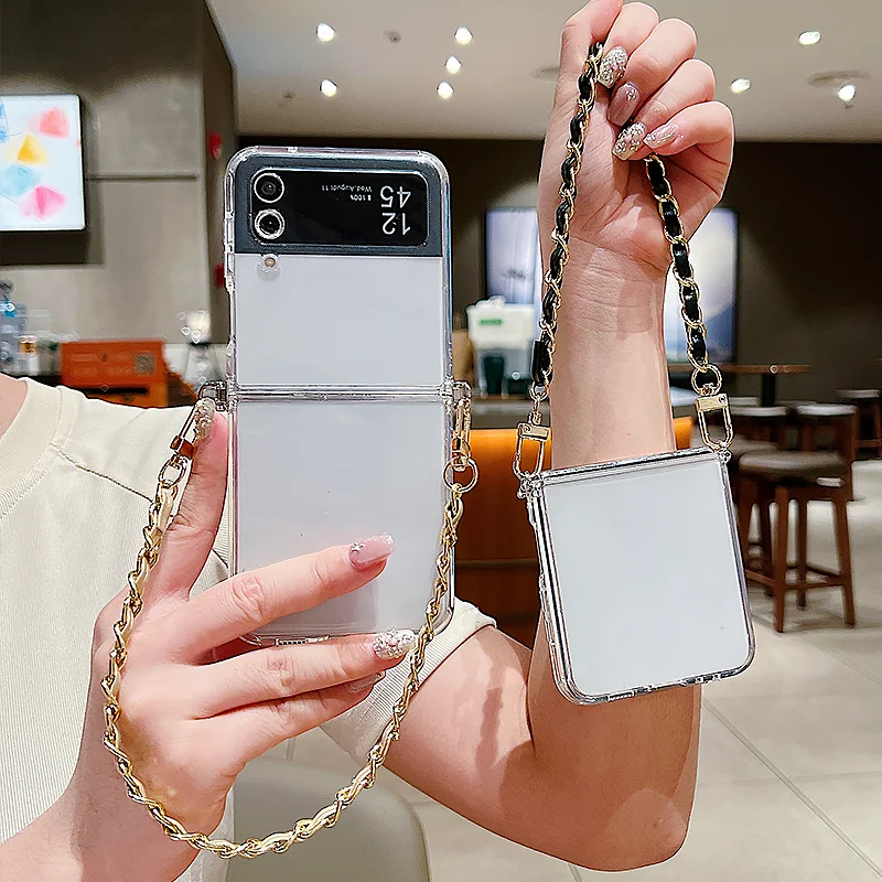 Luxury Metal Lanyard Clear Folding Phone Case with Soft Silicone Cover