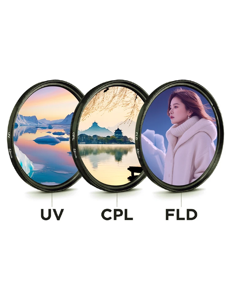 Filtre CPL (polarisant) monté sur un objectif, réduisant les reflets et saturant les couleurs du paysage.