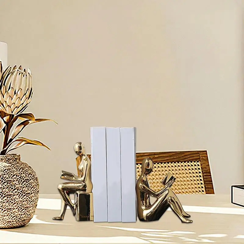 Heavy Book Ends For Shelves 2X Abstract Statue Design Book Stopper Anti-Slip Ceramic Books Storage For Bookcase Kitchen Cookbook 4