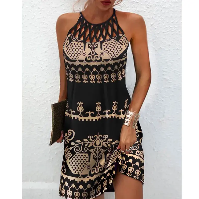 

Women Ethnic Printed Loose Casual Mesh Sleeveless Summer Short Dresses