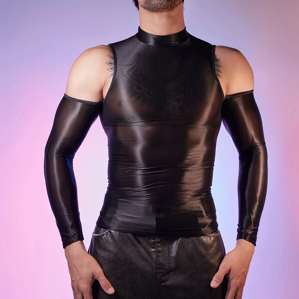 Mens Sexy Tights Shiny Highly Elastic Breathable Silky Body Shaping Underwear Fitness Elastic T Shirts Nightclub