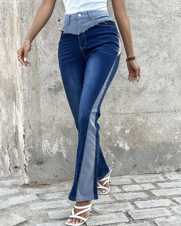 Women's Fashion Jeans 2024 Spring/summer Latest Casual Colorblock Pocket Design Skinny High Waist Versatile Denim Flared Pants