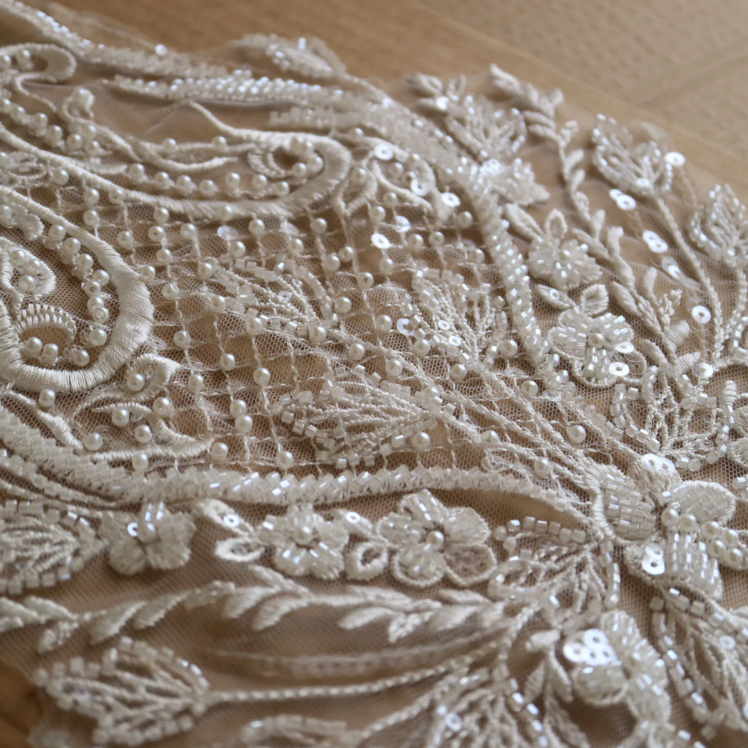 Beaded Scroll Motif Mesh Lace with Gemstone Appliqués & Sequin Embellishment