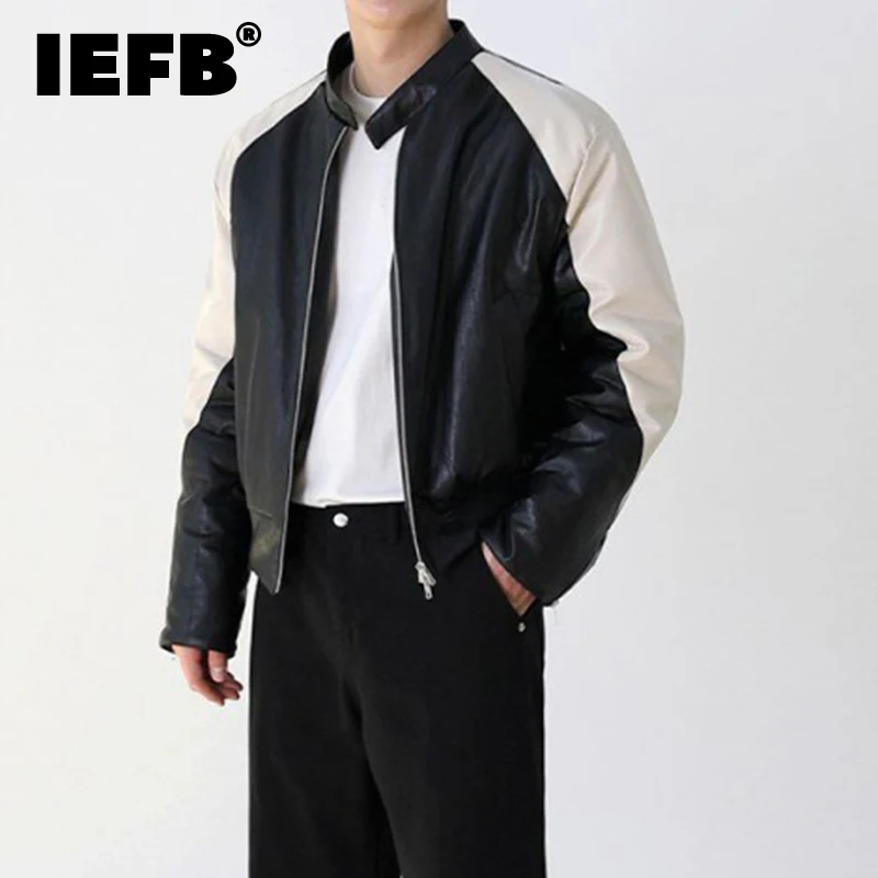 

IEFB Spliced Leather Coat For Men's Autumn New Korean Style Trend Jackets Handsome Streetwear Pu Patchwork Windbreaker 9C1651