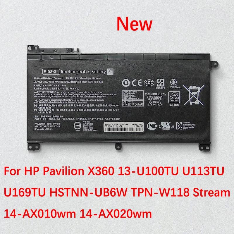 

New BI03XL Laptop battery For HP Pavilion X360 13-U100TU U113TU U169TU HSTNN-UB6W TPN-W118 Stream 14-AX010WM 14-AX020WM 41.7Wh