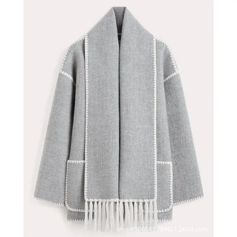 Fashion Tweed Jacket Autumn Women Coat with Scarf Long Sleeve Pocket Outerwear Single-breasted Quilted Warm Loose Coat Tassel