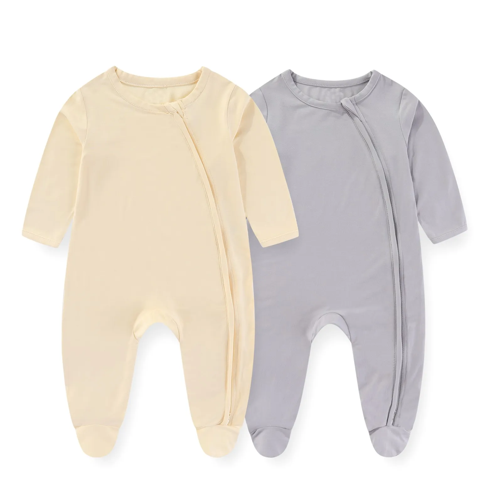 남녀공용 단색 점프수트, 0-12m, 양방향 지퍼, 긴 소매, 가을, 2 피스