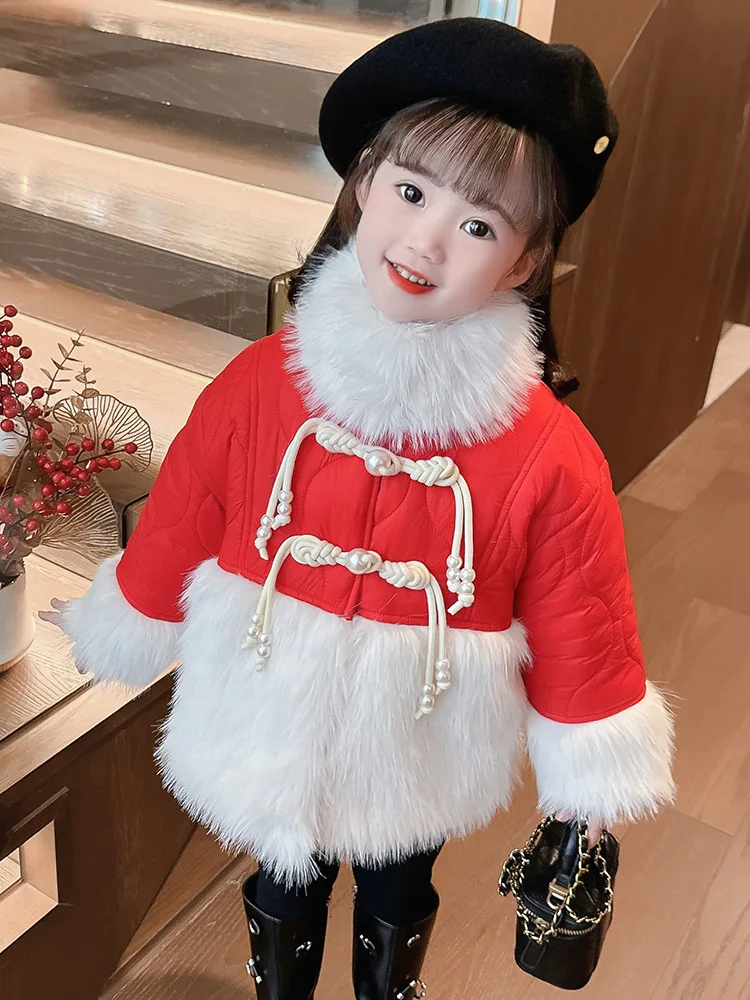 

Girls'cotton-Padded Clothes Winter Clothing Imitation Fur 2023 New Arrival Children's Western Style Quilted New Year Baby Girl W