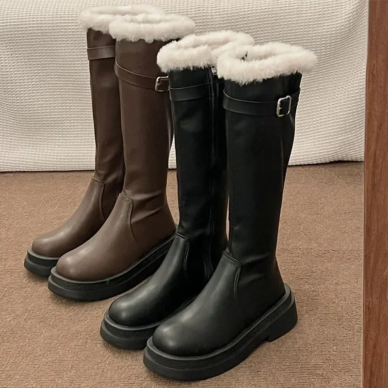 Chelsea Long Boots Women Fur Knee High Shoes New Winter Designer Warm Short Plush Motorcycle Boots Platform Flats Booties Femme
