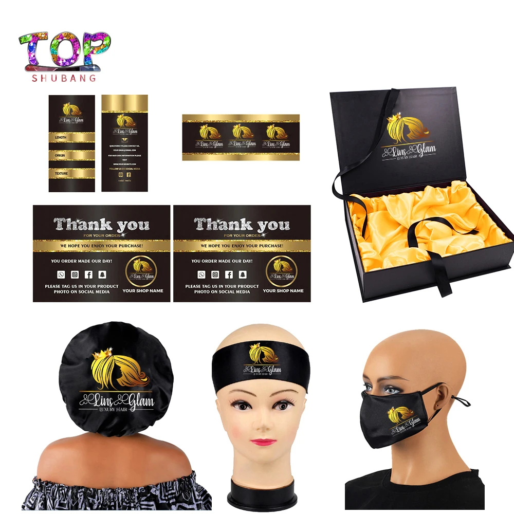 

Custom Logo Wigs Packaging Gift Box Satin Bags/Hang Tag Sticker labels Wraps/Long Bonnets/Headband/Cape/Bonnet/box