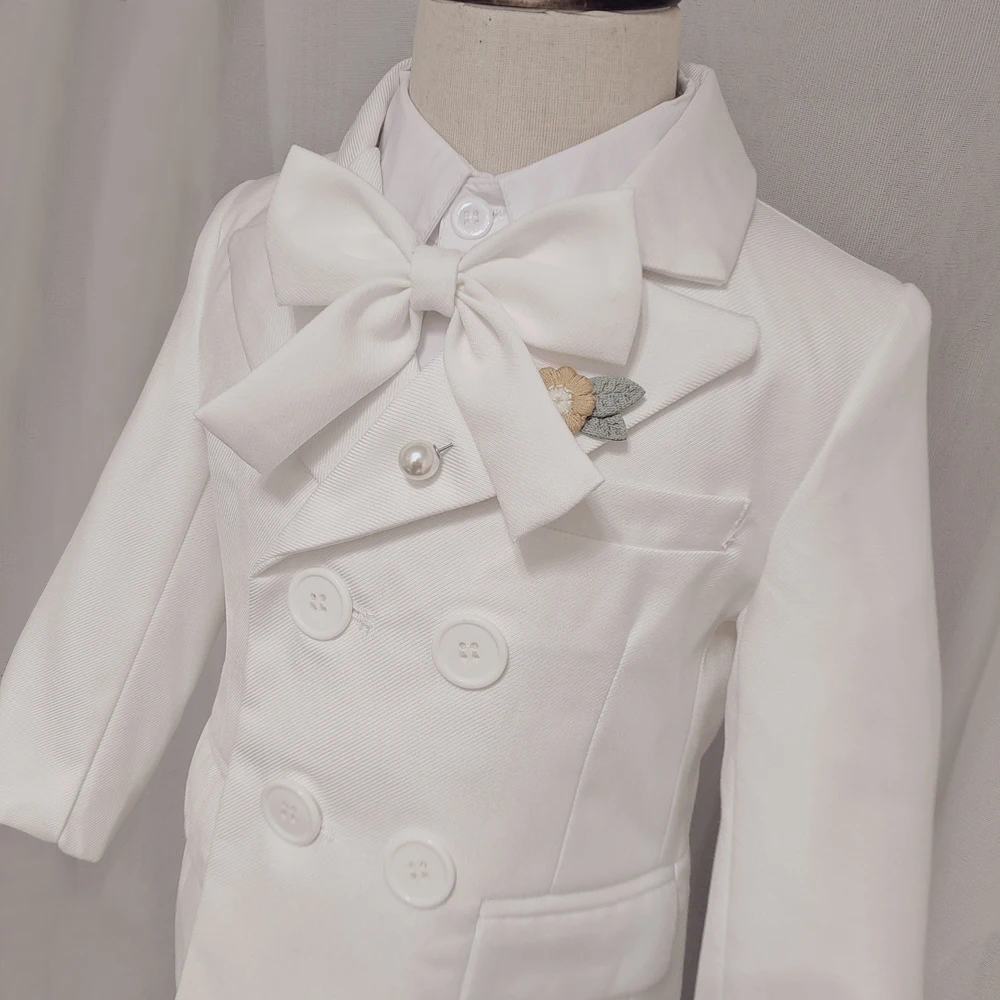 Kids Suit Shirt Strap Pant Bow Tie Clothing Set White Boys Photograph Suit School Children Piano Performance Dress Costume 5PCS