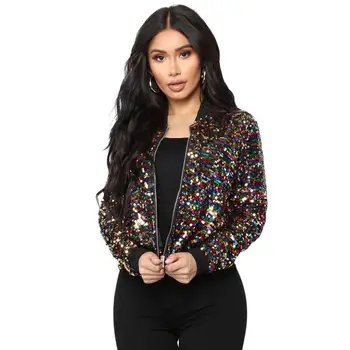 Spring New Women Bomber Gradient Color Sequins Baseball Jacket Beaded Embroidered Sequined Zipper Coat Stage Show Dance Outwear