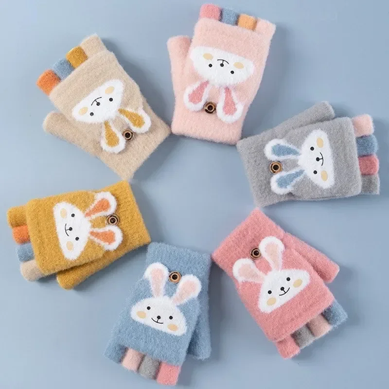 

Children Five Finger Gloves Winter Boy Thickened Half Finger Mittens Girl Kid Knitted Mitten Winter New Cartoon Warm Flip Gloves