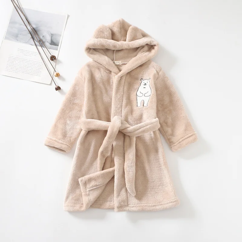 Kids Hooded Flannel Bathrobe Baby Bath Bear printed Robes Boy Girls Cute Cartoon Soft Warm Pajamas Long Sleeve Towel Robe