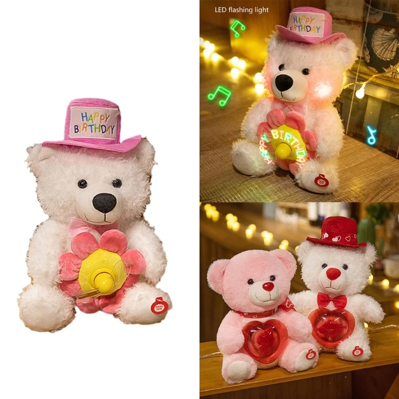 77HD Interactive Singing Bear Plush Toy for Kids LED Musical Stuffed Animal for Girlfriend Birthday Valentines Day Gift