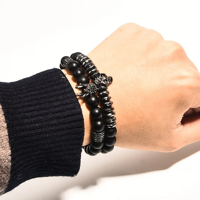 Zircon Crown Skull Bracelet Set For Men Copper Micro Stretch Bracelet Fashion Domineering Jewelry Gift