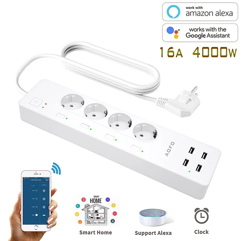 

.. WiFi Smart Power Strip Surge Protector with 4 Smart Plugs 4 USB Ports Extension Cord, Work with Alexa & Google Assistant