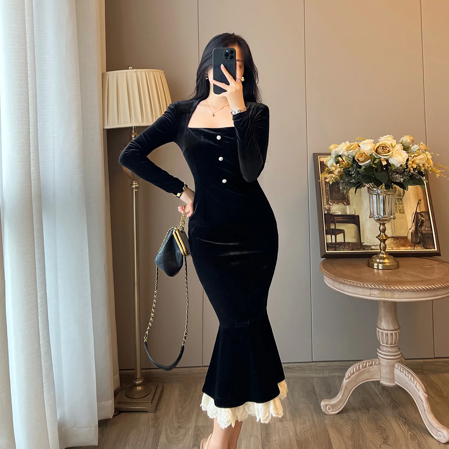 

Vintage Bodycon Velvet Mermaid Party Dresses Women Elegant Lace Patchwork Evening Prom Vestidos Female Autumn Winter Clothes