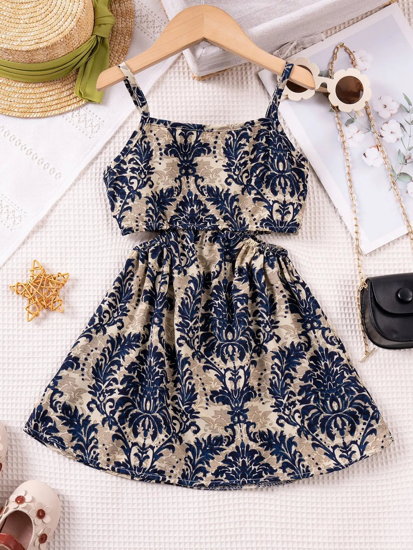 1-7 Y Baby Girls' Sling Cut-Out Vintage Floral Print Dress Stylish & Breathable Summer Outfit for Kids Girls Dress girls dress kids clothes