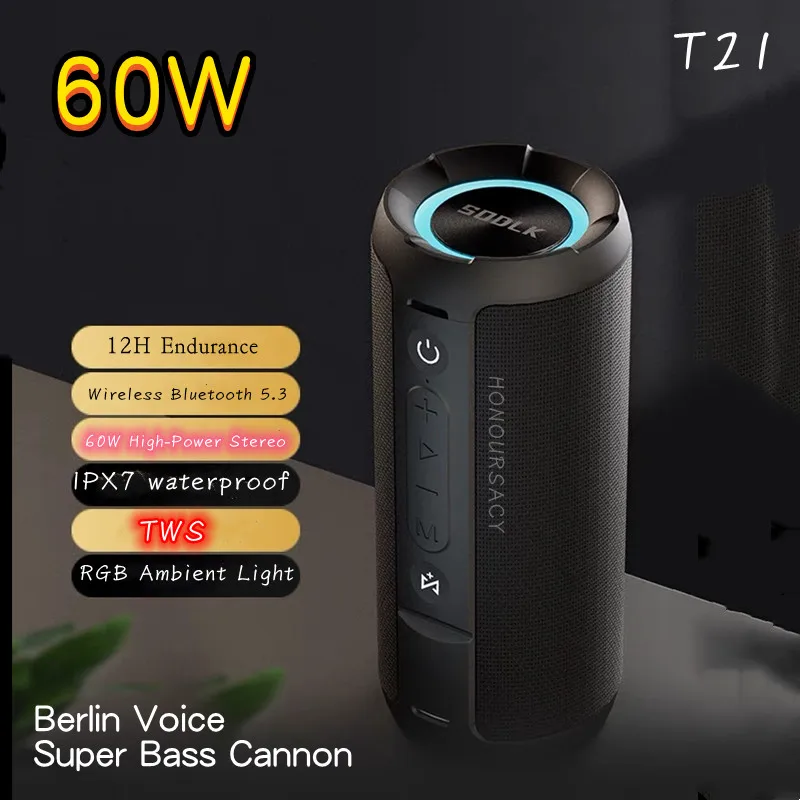 

60W Big Power Portable Colorful RGB Fashion Bluetooth Speaker Waterproof Camping Family Party Home Theater Heavy Bass SODLK T21