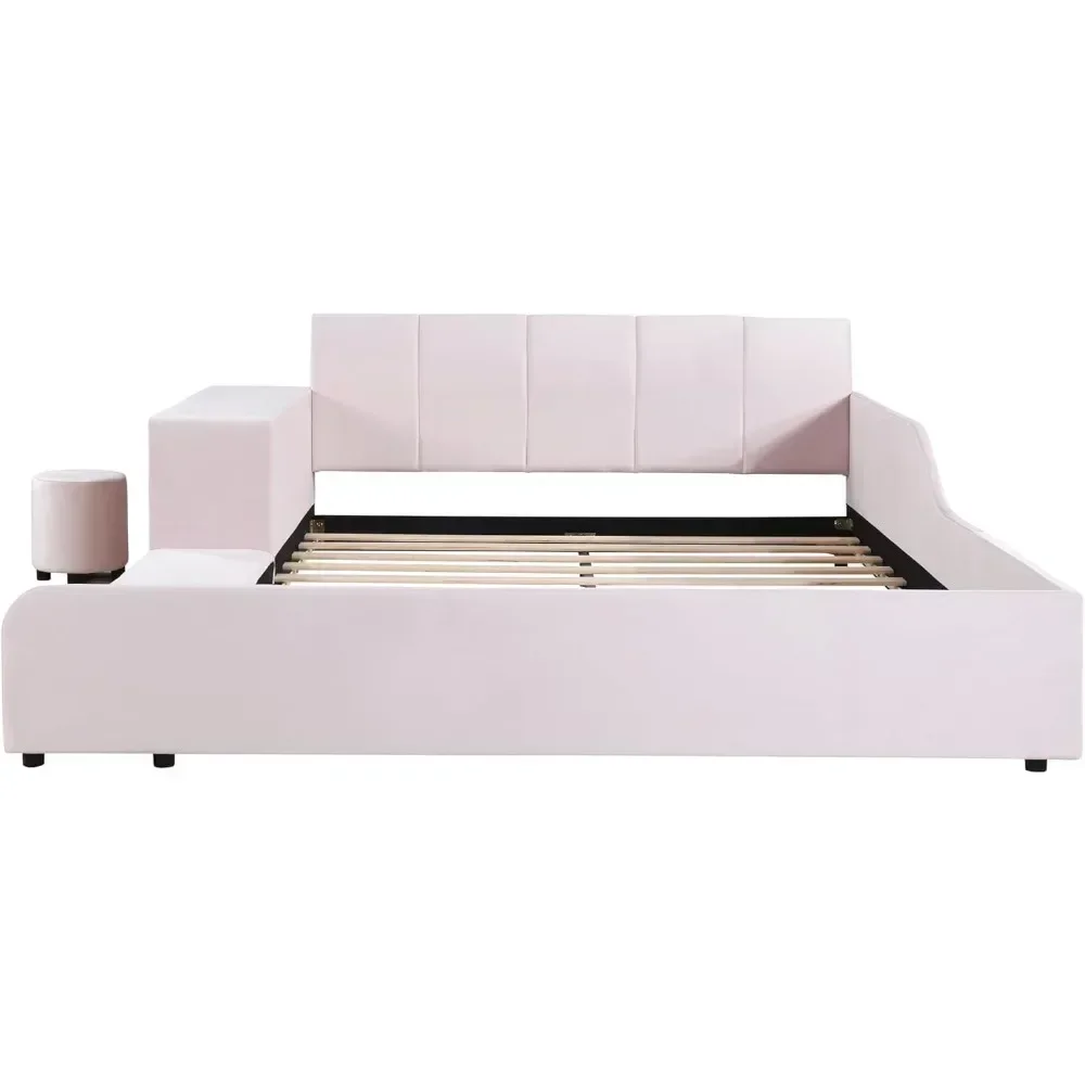 Upholstered Grounded Bed Platform Bed,with Bedside Desk and Little Round Stool Wooden Queen Size Mother & Child Bed Frame 6