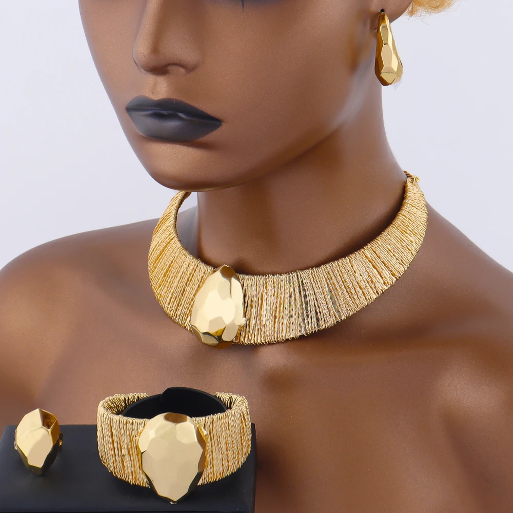 סט תכשיטים מצופה זהב איטלקי מפואר לעיצוב שרשרת עגילים צמיד טבעת מתנה למסיבה חתונה