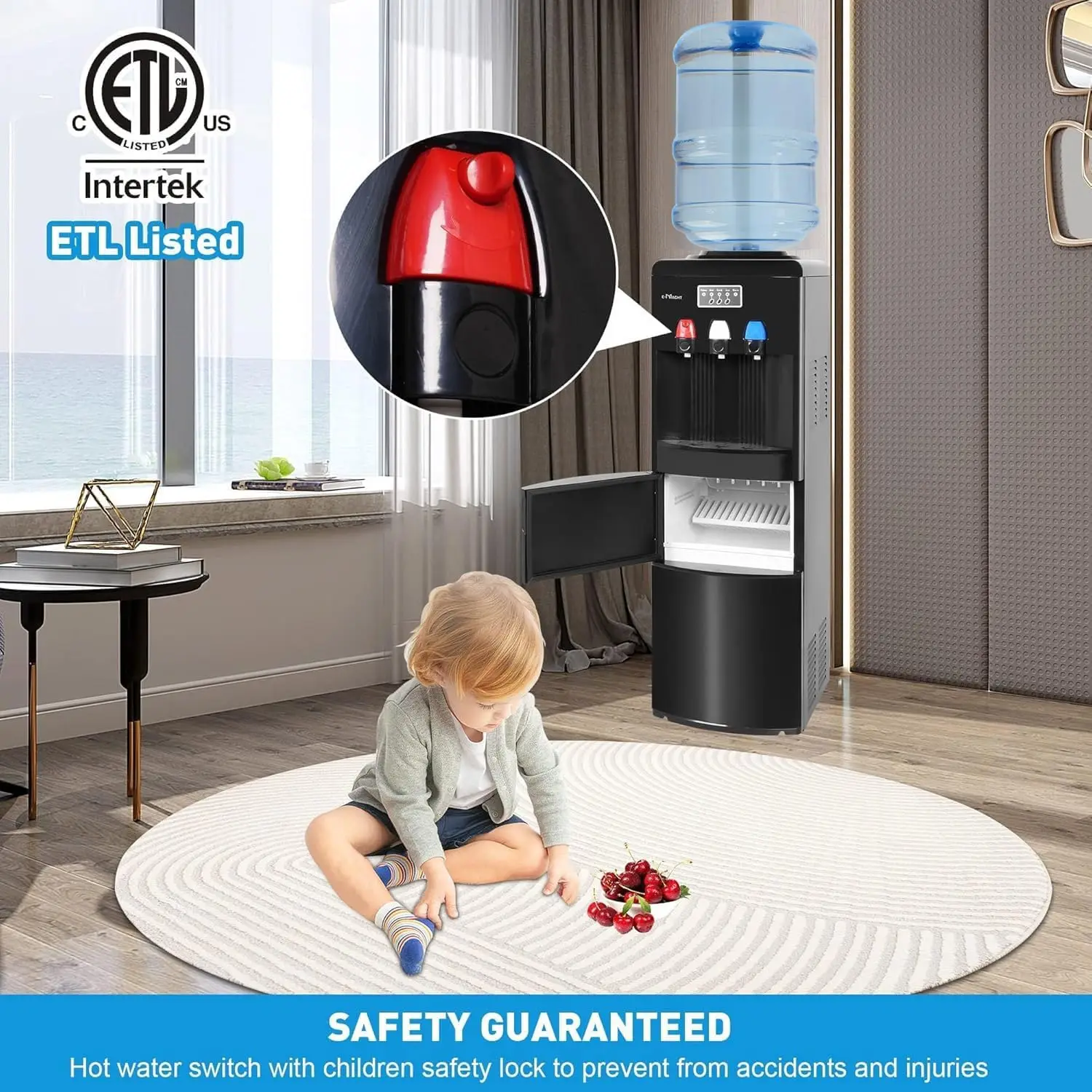 Built-in Ice Maker, Water Cooler Dispenser for 3-5 Gallon Bottle with a Scoop, Ice-Making Chamber, Child Safety Lock (Black) 5