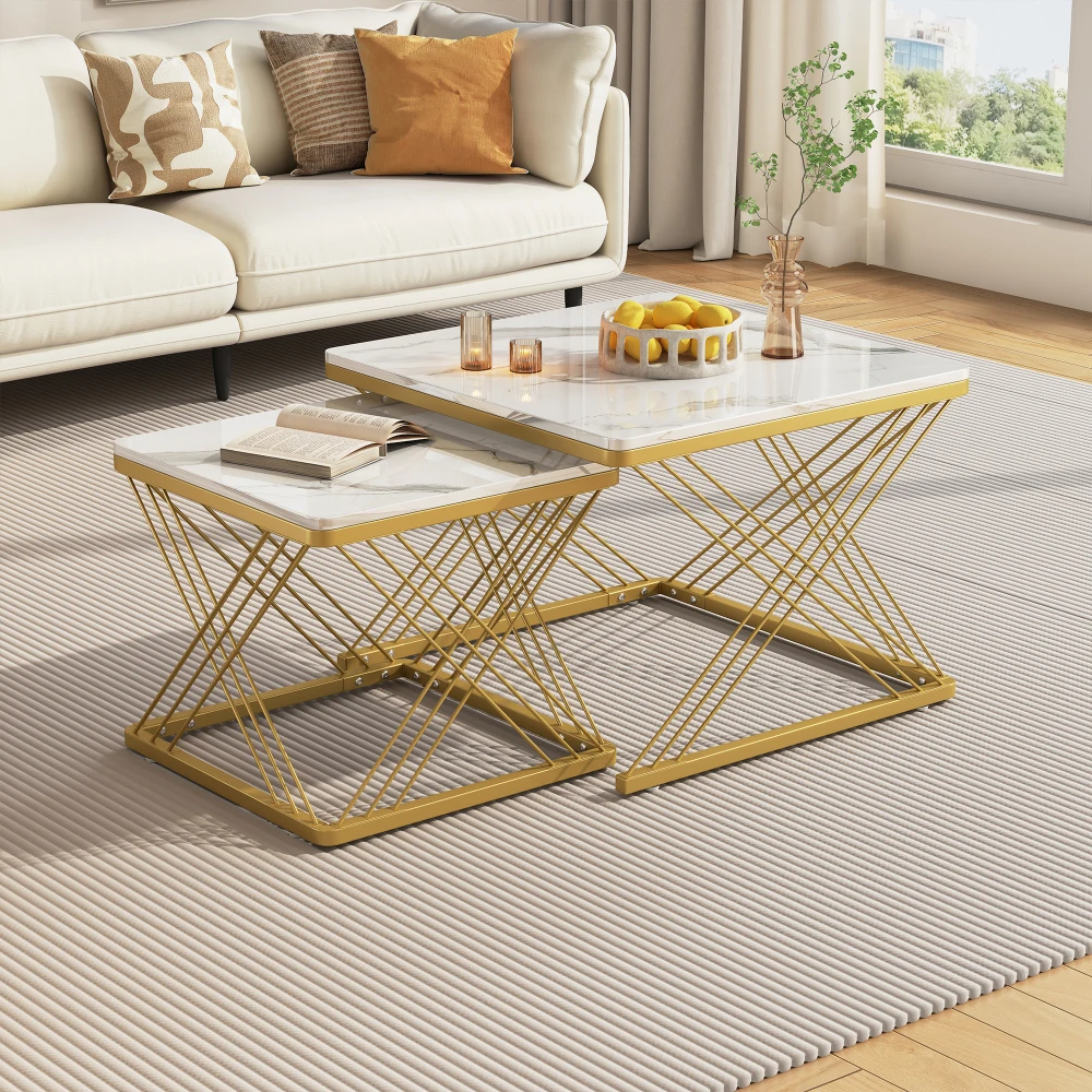 2-teiliges Couchtisch-Set, quadratische Tische in 60 x 60 x 45 cm und 45 x 45 x 40 cm, hochglänzende Marmoroptik, höhenverstellbare Füße, bis zu 30 kg – Detail 30