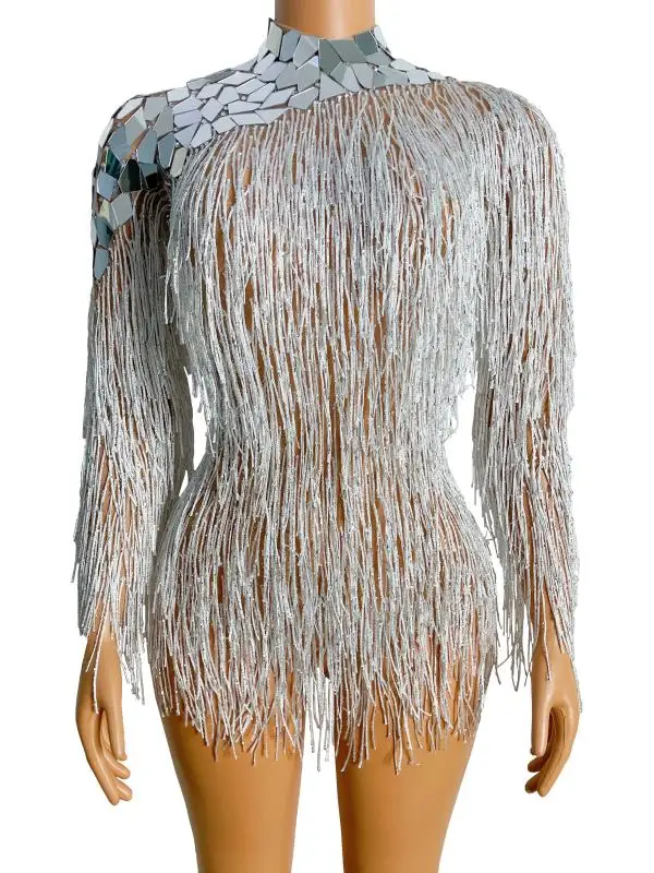 

Flashing Mirror Shoulder Silver Fringes Outfit Leotard Birthday Celebrate Costume Dancer Tassels Bodysuit Stage Wear