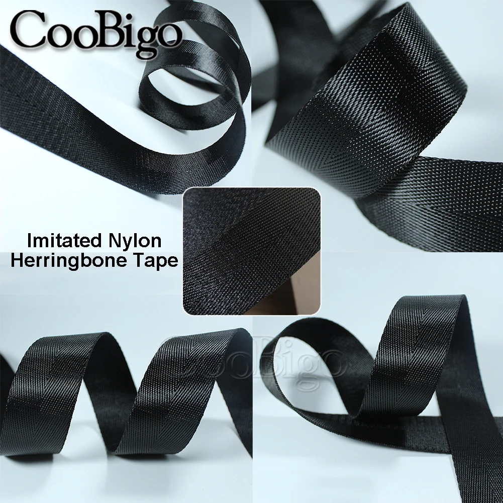 Durable Black Herringbone Woven Nylon Webbing Strap - Ideal for Sewing, Belts, Harnesses, and Bags (10 Yards, 10-50mm Width)