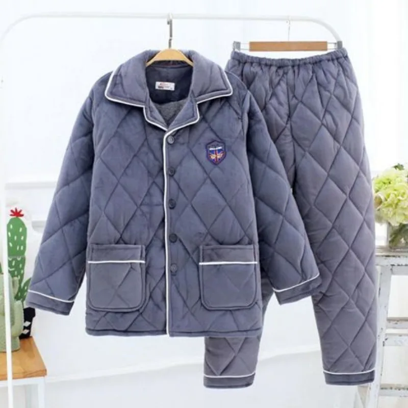 2023 new Men's Warm Three-layer Plush Thickened Loose nightwear Oversized sleepwear Medium Length Winter Set Cotton Pajamas