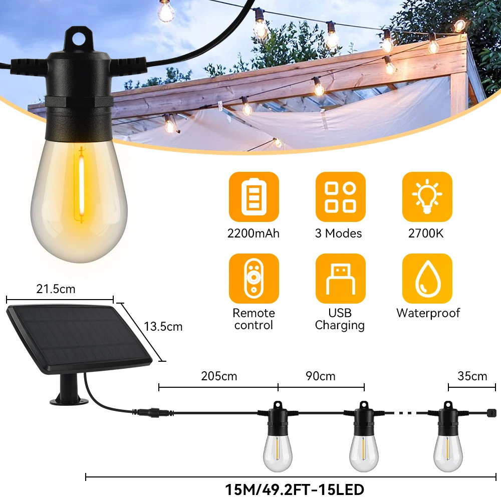 S14 Solar String Light 15M LED Garland Light IP65 Waterproof Shatterproof Garden Patio Wedding Backyard Party Decoration E12