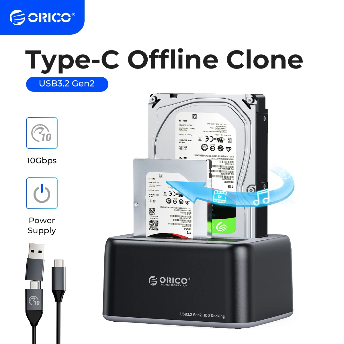 

ORICO Hard Drive Docking Station 2.5/3.5 Inch SATA to Type-C USB3.2 10Gbps Gen2 HDD Case with Offline Clone 12V3A Power Supply