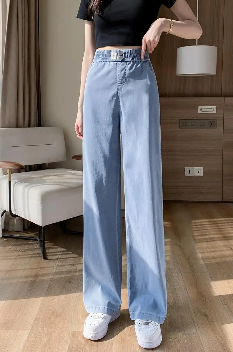 Spring Summer Thin Jeans Woman Casual Loose Wide Leg Pants Korean Fashion Ladies Elastic High Waist Straight Blue Trousers
