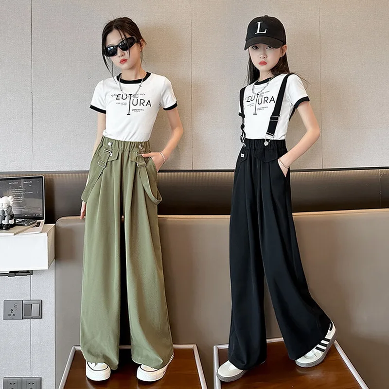 

2024 Girls Summer Wide Leg Pants Casual Fashion Thin Loose Trousers for Kids Overalls 12 13 14 Years Teenage Children Pants ﻿