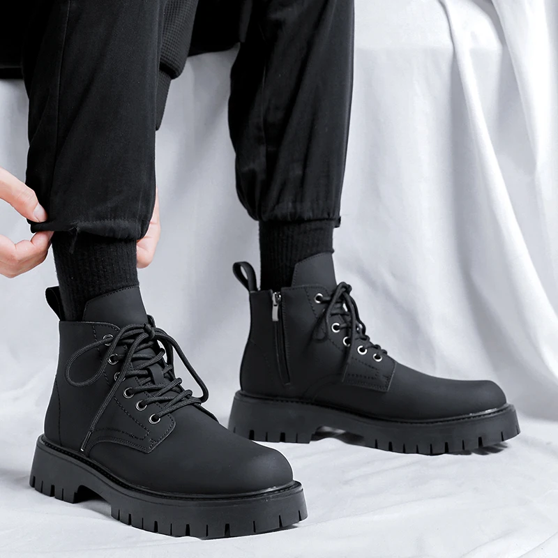 

High Quality Luxury Brand Leather Men's Boots Motorcycle Boots for Men Thick Bottom Boot Lace-Up Casual Breathable Outdoor Boots