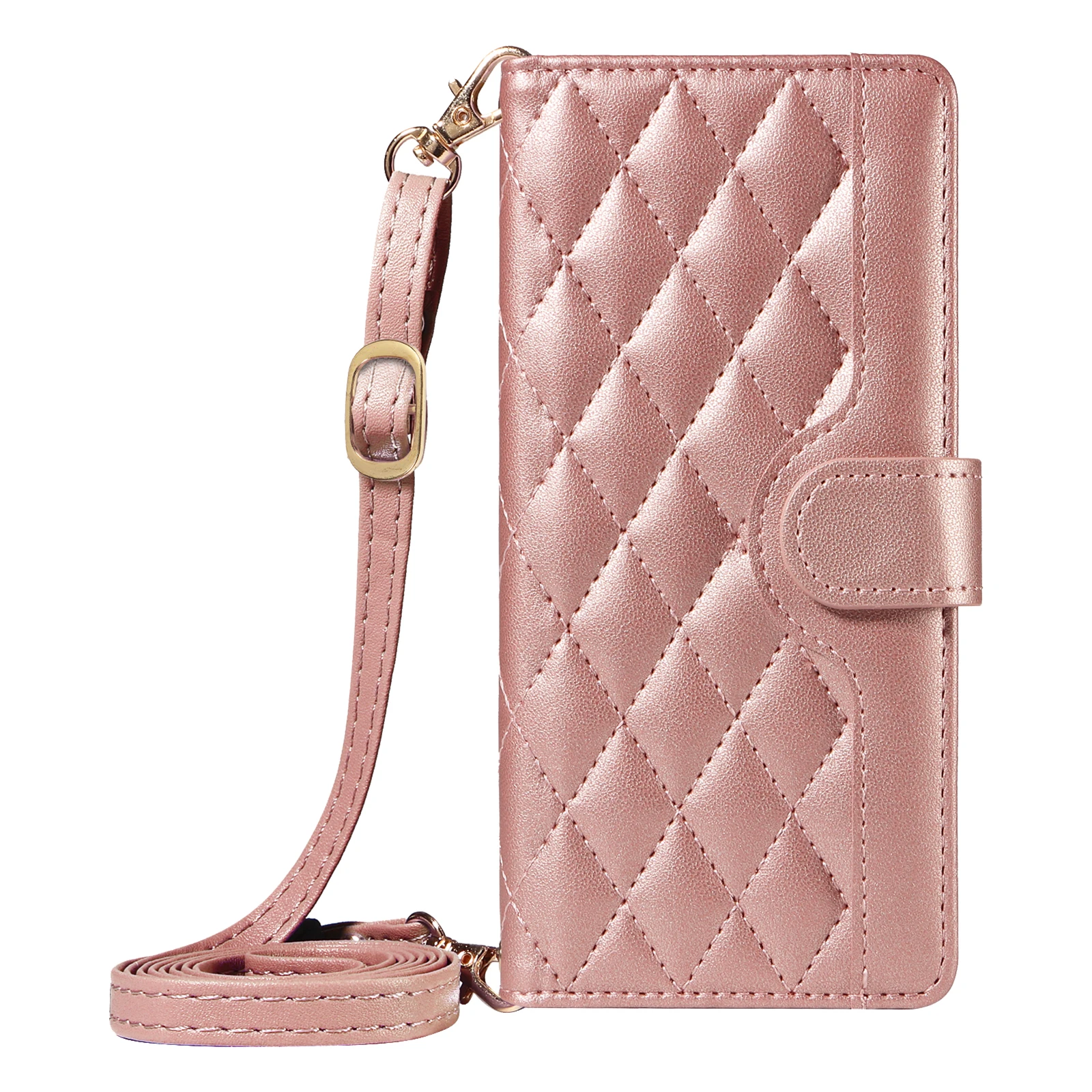 Luxury Rhombus Leather Crossbody Wallet Case with Card Slots and Lanyard