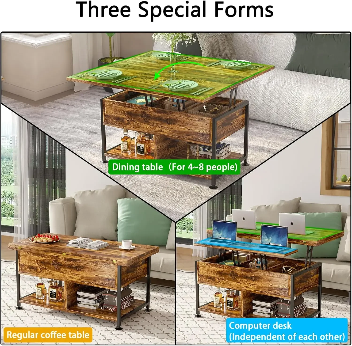 40" Lift Top Coffee Table ，4 in 1 Convertible Dining Table with Hidden Compartment Home Office, Rustic Brown 3
