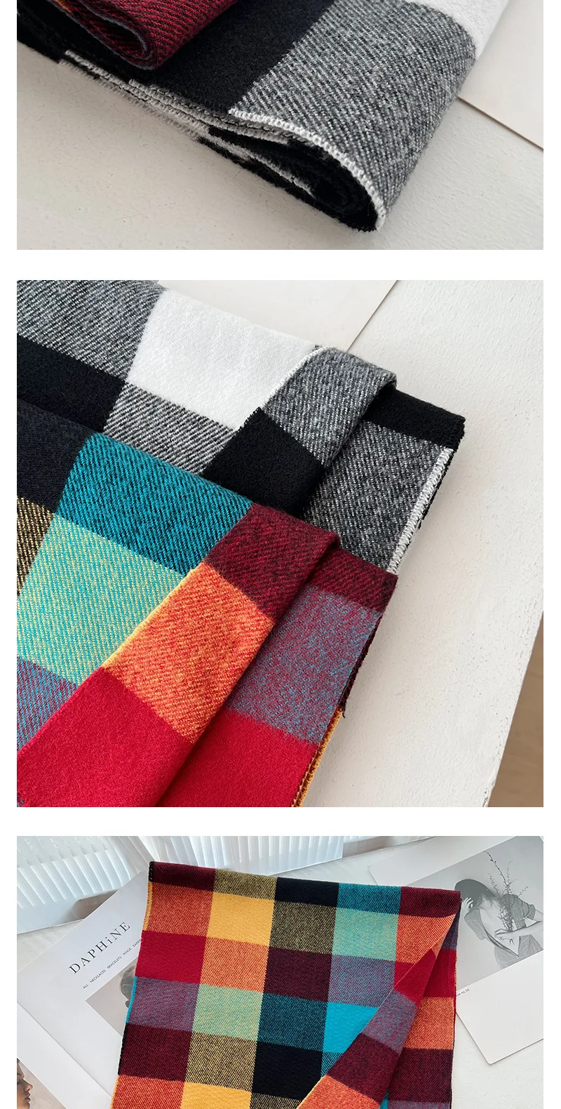 2024 mode Regenbogen Farbe Block Plaid Designer Winter Schal Frauen Kaschmir Schal Streifen Decke Wrap Outdoor Reise Warme Dame – Detail 3