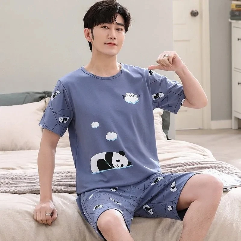 Mens Pajamas Set 2 Pieces Home Clothes Short Sleeve Loungewear Anime Hombre Pijama Young Boys Sleepwear Home Nightgown 4XL