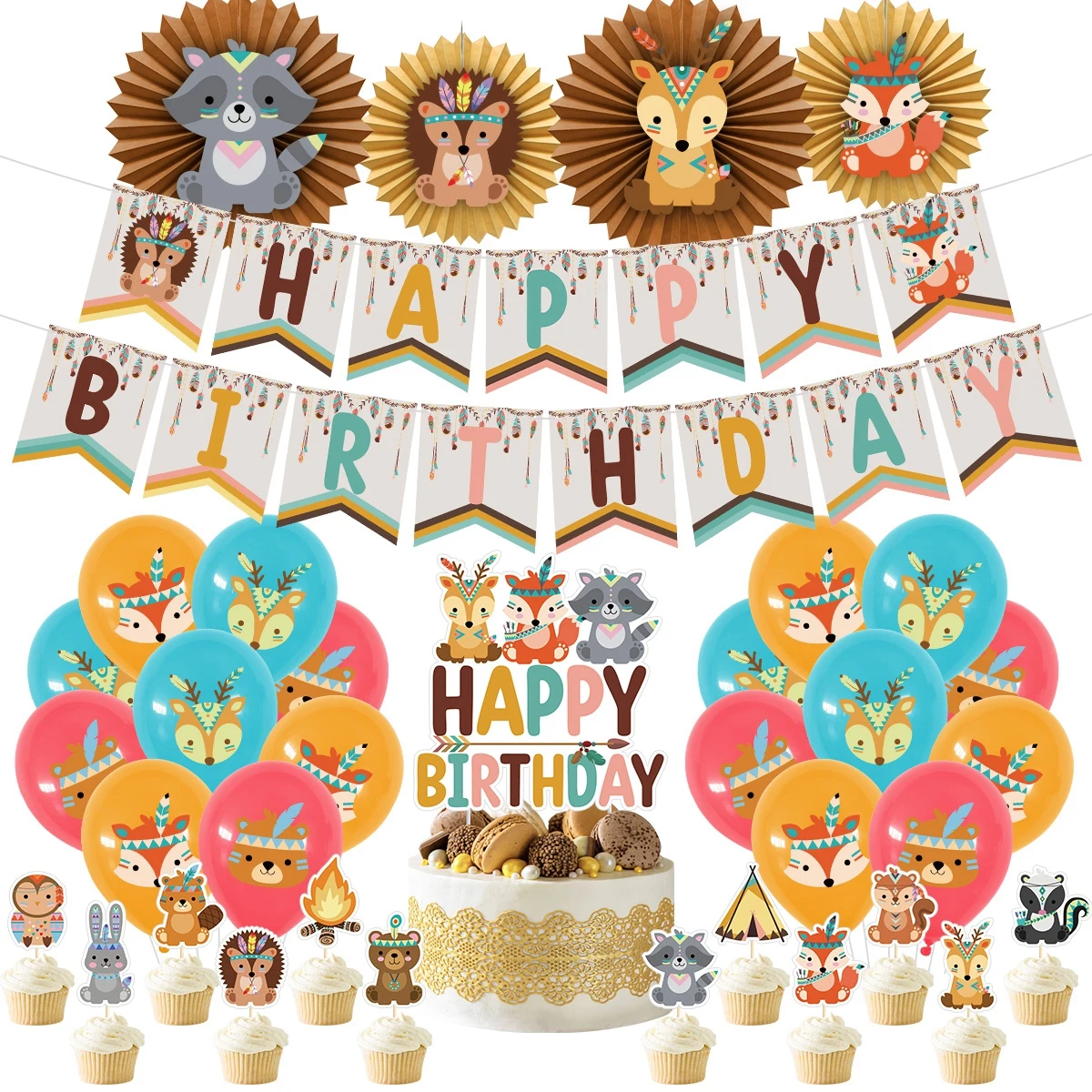 인도 야생 숲 동물 생일 배너 여우 너구리 라텍스 풍선, 생일 베이비 샤워 성별 공개 파티 장식