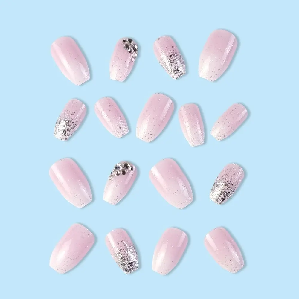 

Tips Manicure Flash Fingernails DIY Full Cover Wearable Pure Desire Glitter Fake Nails Summer Lotus Root Pink Gradual Change