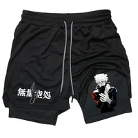 Men Anime Double Layer Shorts Gym Workout Printed Sports Multi-Performance Training Quick-Drying Jogging Pants Towel Pants M-3XL 1