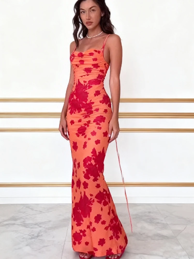 Summer New Printed Suspender U-Shaped Women's Maxi Dress Spaghetti Strap Bodycon Lace-up Orange Ladies Casual Hip Long Skirt