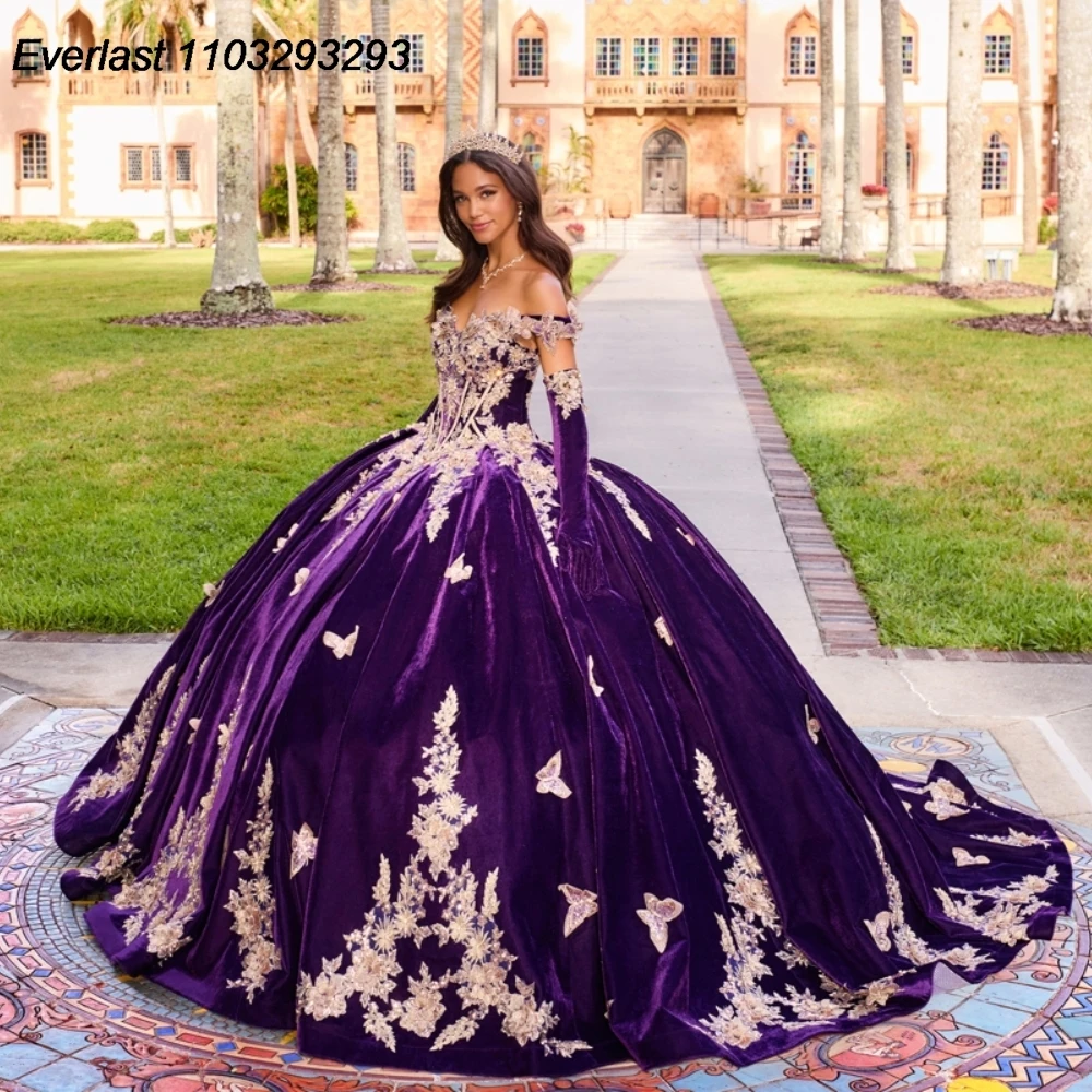 

EVLAST фиолетовое бархатное платье для Quinceanera, бальное платье с золотыми искусственными бусинами, мексиканское милое платье 16, 15, XV лет TQD188