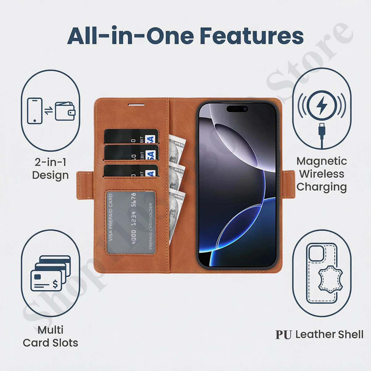 Leather Wallet Phone Case with Wireless Charging and Magnetic Closure