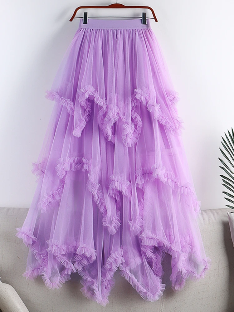 TIGENA Tutu Tulle Long Skirt for Women 2023 New Summer Korean Aesthetic Cute Irregular Mesh High Waist Maxi Skirt Female Purple