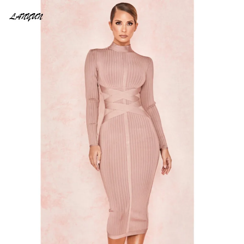 

Bodycon Long Sleeve Midi Bandage Dress Knitted Vestido Feminino Elegante Vintage Streetwear Formal Ocn Prom Robe Dresses